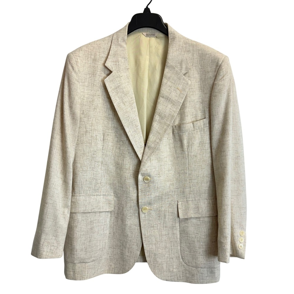 Vintage Mens 44S Beige Linen Look Two Button Sport Coat Blazer Made in USA